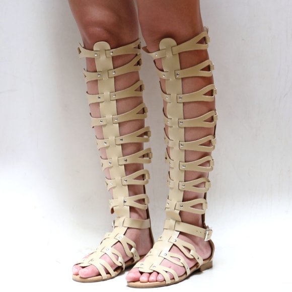 New Beige Strappy Tall Knee High Gladiator Sandals - Picture 2 of 3